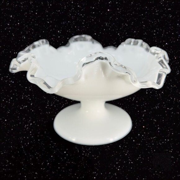 Fenton Silver Crest Footed Bowl Ruffle Edges Milk Glass Clear Edge Vintage VTG - Picture 1 of 10